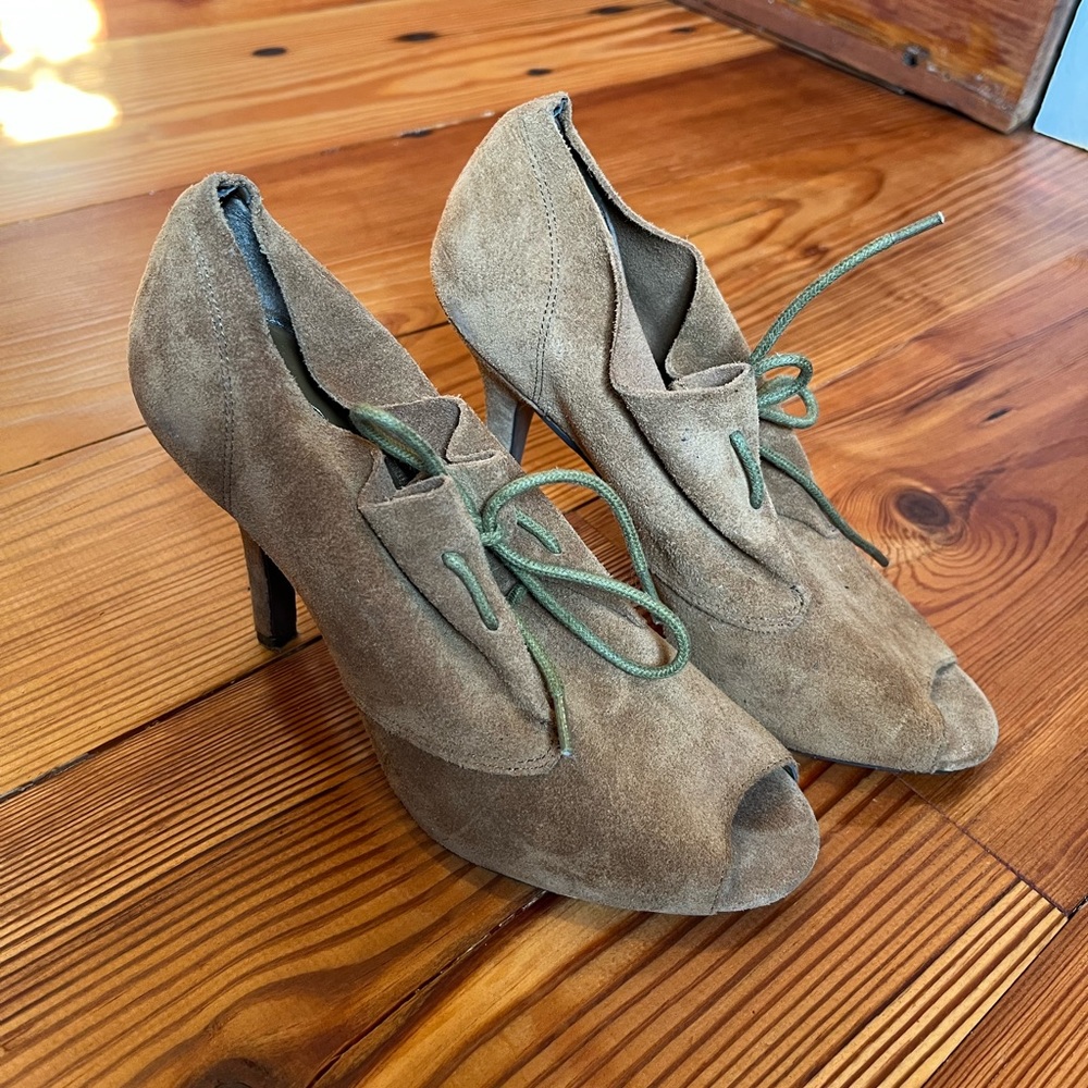 BCBG Tan Suede Peep Toe Heels